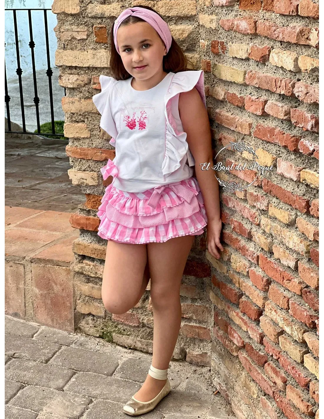 Bombacho y Chaleco Niña Vichy Rosa Noma Fernández Colección Agata