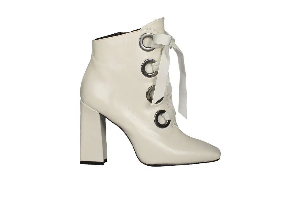 Botin Piel Blanco Cremallera Cordon Tercipelo Ojetes Grandes