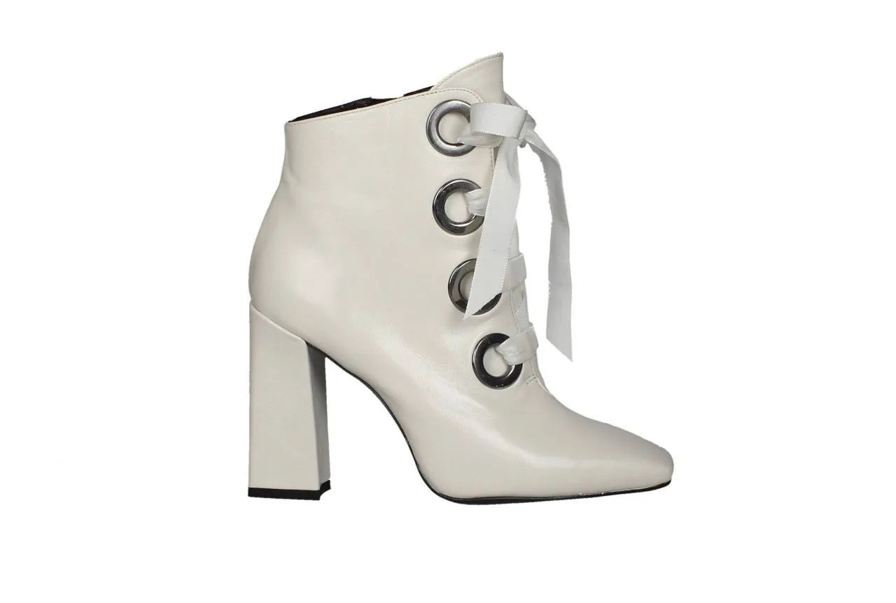 Botin Piel Blanco Cremallera Cordon Tercipelo Ojetes Grandes