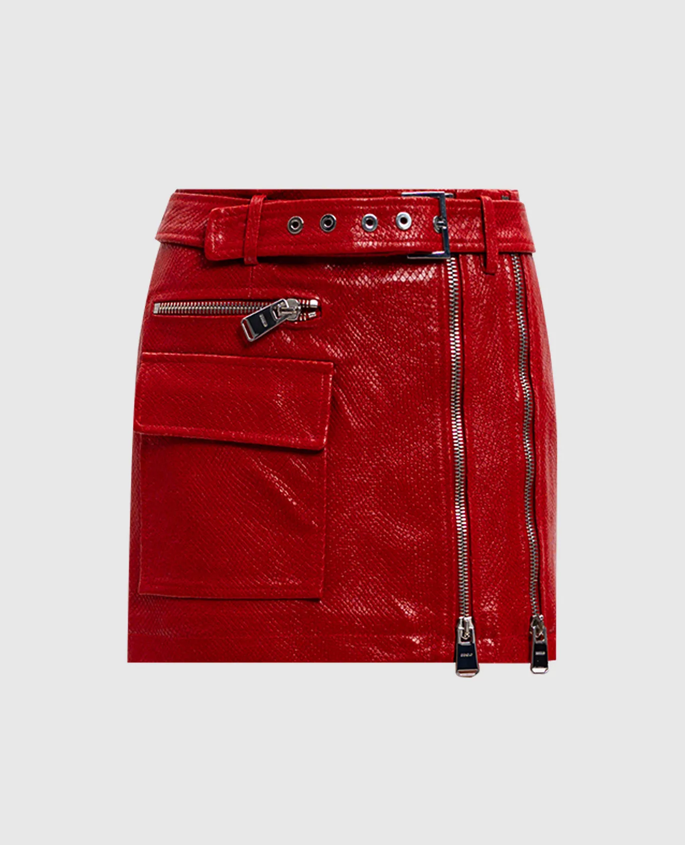 Dondup Red leather mini skirt with reptile skin embossing