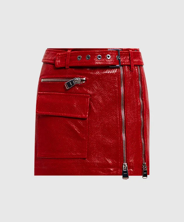 Dondup Red leather mini skirt with reptile skin embossing