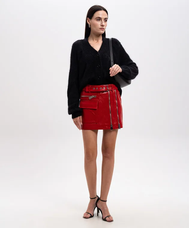 Dondup Red leather mini skirt with reptile skin embossing