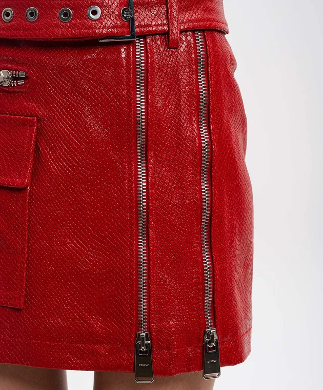 Dondup Red leather mini skirt with reptile skin embossing