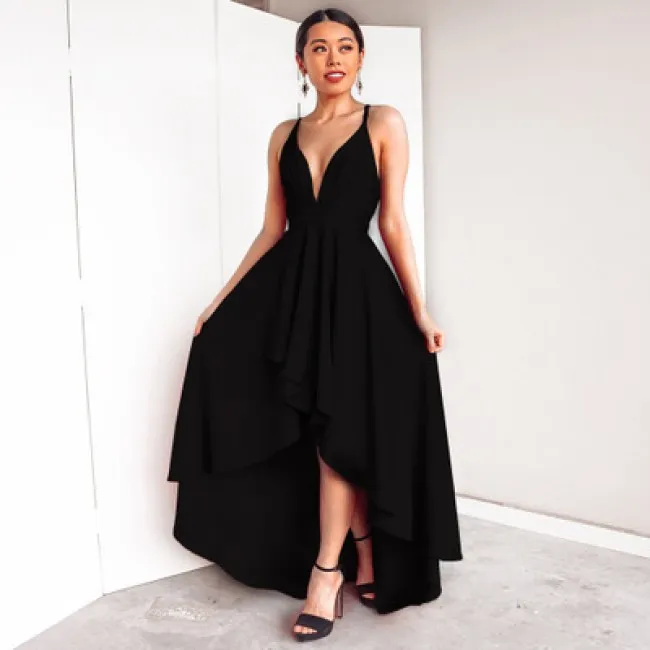 Elegant Women's Deep V Neck Straps Sexy High Low Prom Dresses Party Dress