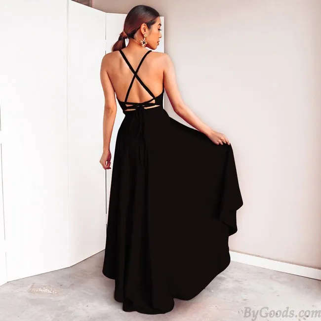 Elegant Women's Deep V Neck Straps Sexy High Low Prom Dresses Party Dress