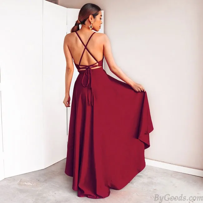 Elegant Women's Deep V Neck Straps Sexy High Low Prom Dresses Party Dress