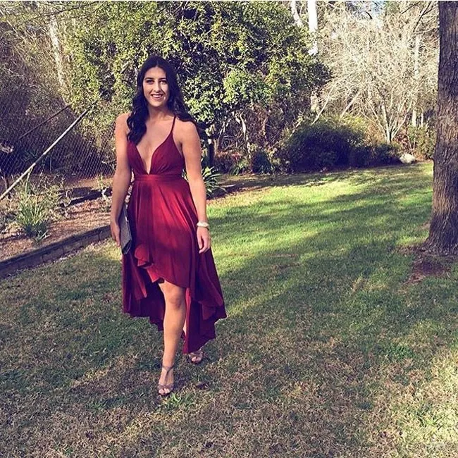 Elegant Women's Deep V Neck Straps Sexy High Low Prom Dresses Party Dress