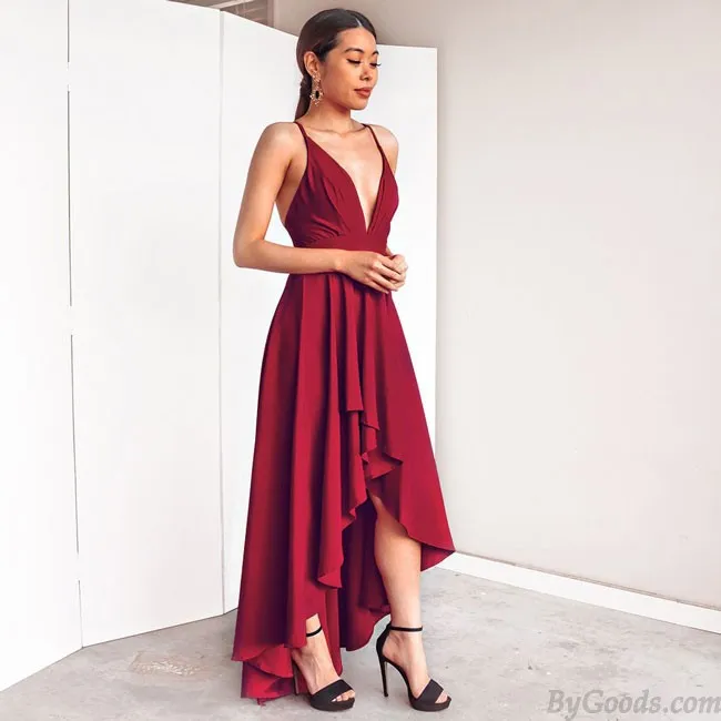 Elegant Women's Deep V Neck Straps Sexy High Low Prom Dresses Party Dress