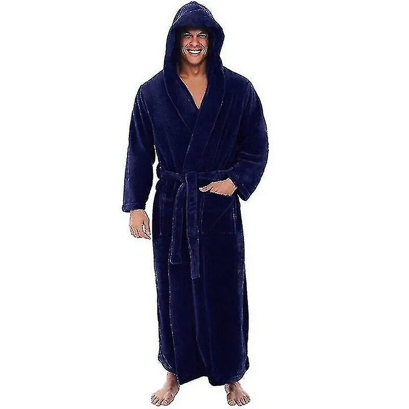 Flannel Male With Hooded, Thick Warm Gown Robe, Bathrobe Extra Long Kimono