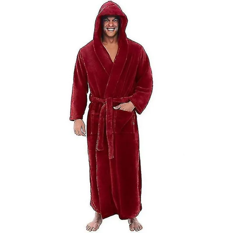 Flannel Male With Hooded, Thick Warm Gown Robe, Bathrobe Extra Long Kimono