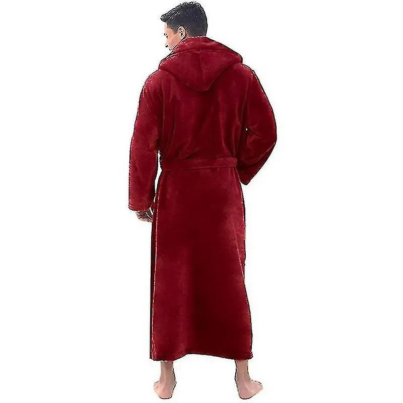 Flannel Male With Hooded, Thick Warm Gown Robe, Bathrobe Extra Long Kimono