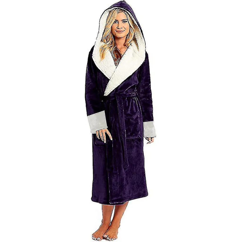 FLEECE BATHROBE WOMEN SOFT DRESSING GOWN HOODED FLUFFY TOWLING BATH ROBE S SSXJV