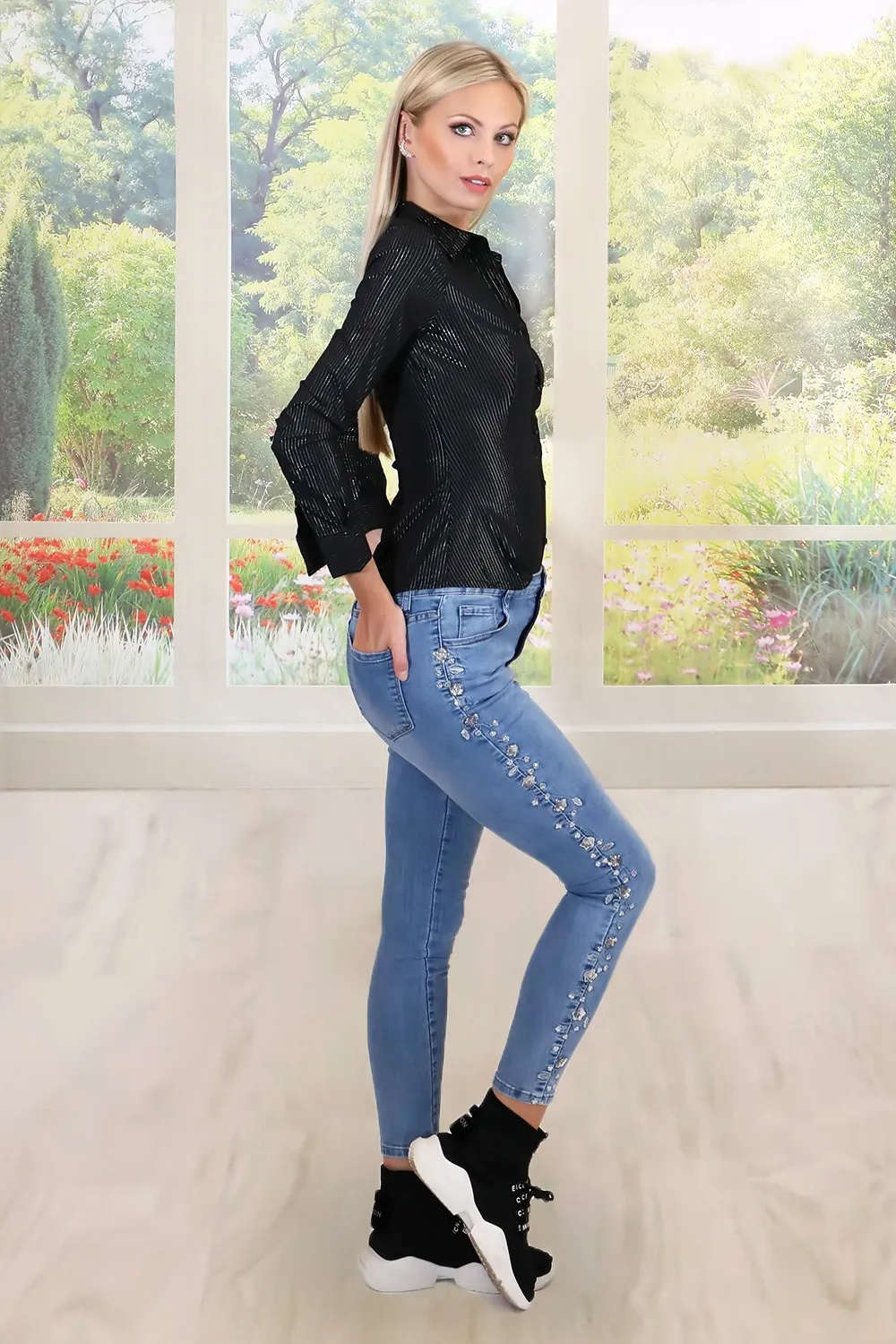 Jeans de flores de cintura alta