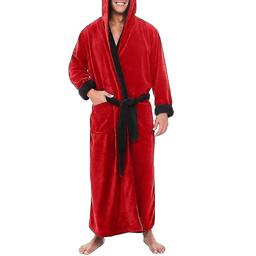 MEN FLEECE LONG DRESSING GOWN HOODED BATH ROBE NIGHTWEAR2XLRED BLACK
