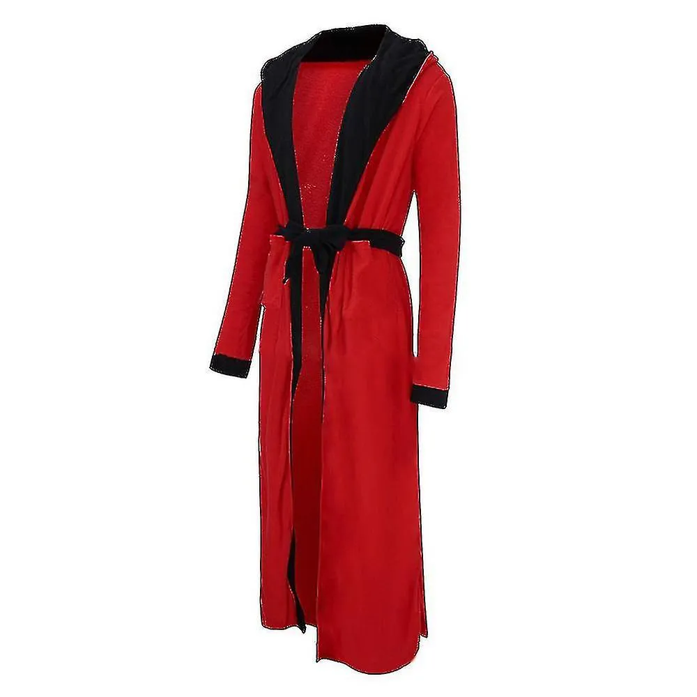 MEN FLEECE LONG DRESSING GOWN HOODED BATH ROBE NIGHTWEAR2XLRED BLACK