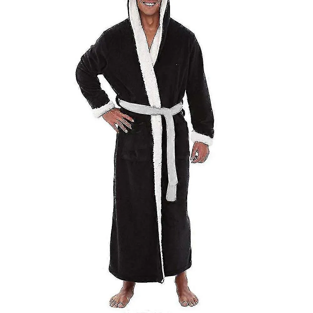 Men Long Hooded Bathrobe Soft Nightgown Robe Dressing Gown