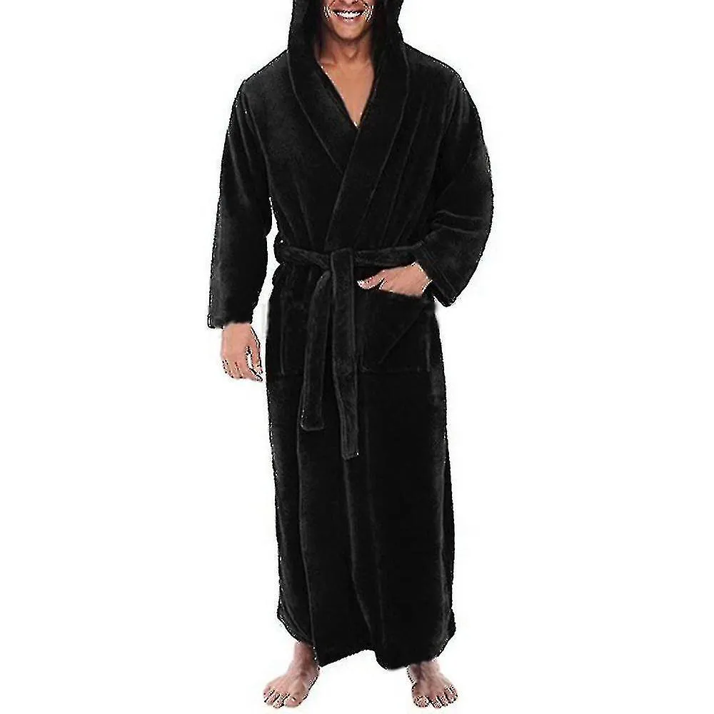 Men"s Winter Warm Hooded Fleece Long Dressing Gown Bathrobe Towelling Bath Robe