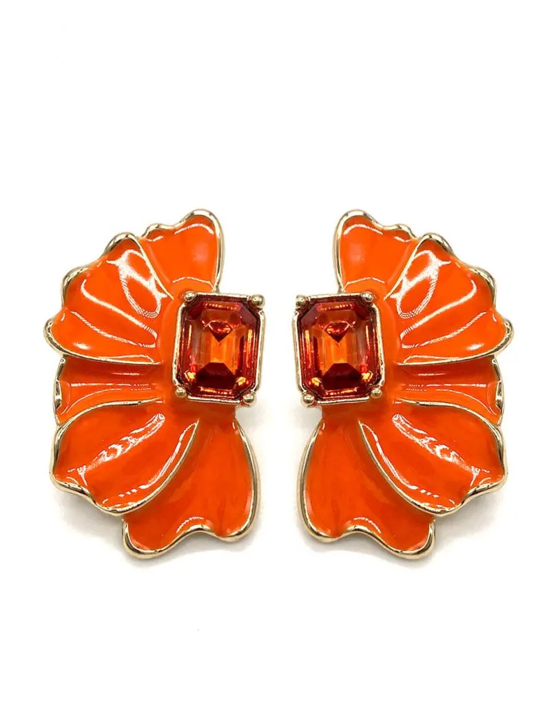 PENDIENTES PEQUEÑOS NARANJAS DISEÑO DE MEDIA FLOR Y CRISTAL