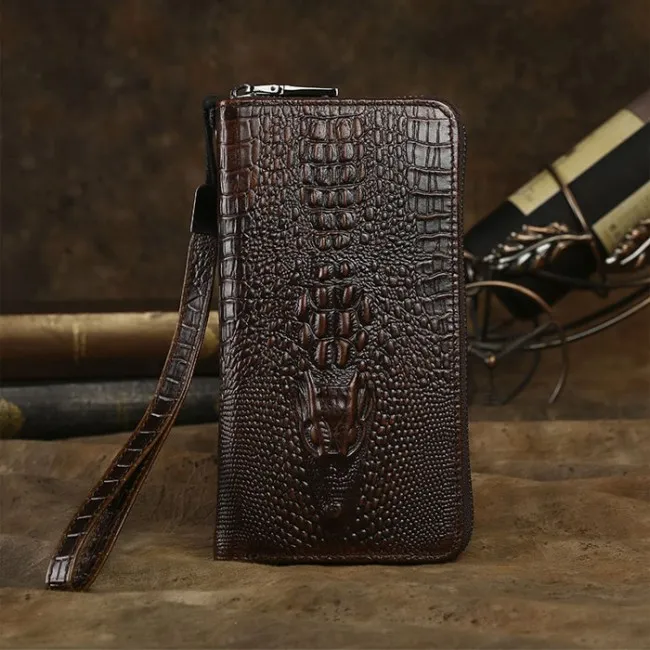 Retro 3D Crocodile Wallet Long Large Crocodile Skin Pattern Handmade Business Purse Phone Clutch Bag