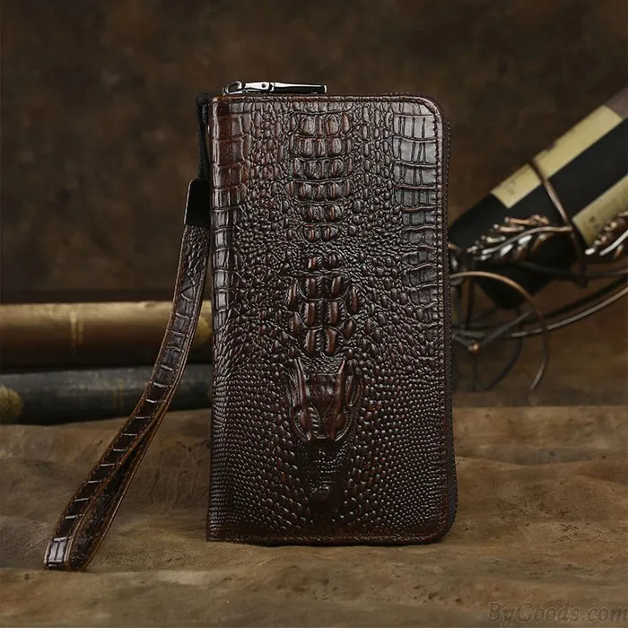 Retro 3D Crocodile Wallet Long Large Crocodile Skin Pattern Handmade Business Purse Phone Clutch Bag