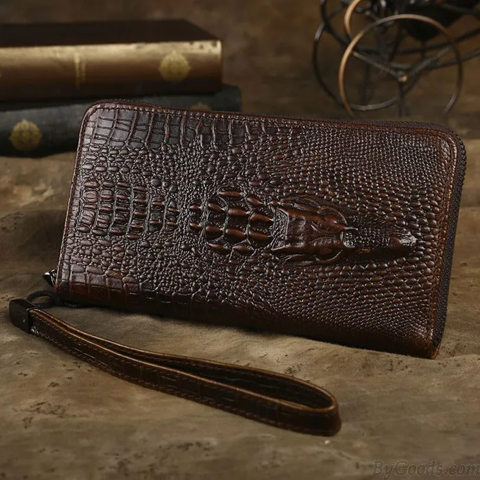 Retro 3D Crocodile Wallet Long Large Crocodile Skin Pattern Handmade Business Purse Phone Clutch Bag