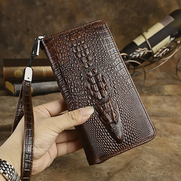Retro 3D Crocodile Wallet Long Large Crocodile Skin Pattern Handmade Business Purse Phone Clutch Bag