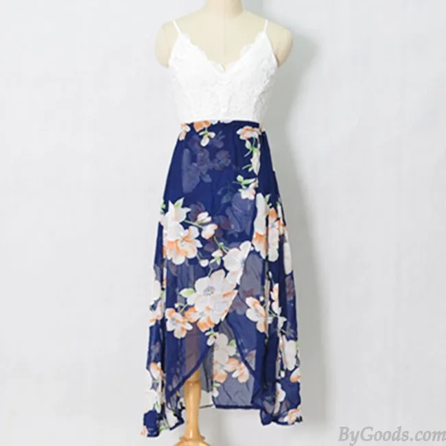  SLIP LACE SPLICING BACKLESS PRINTING CHIFFON DRESS WOMEN'S VNECK FLORAL SKIRT