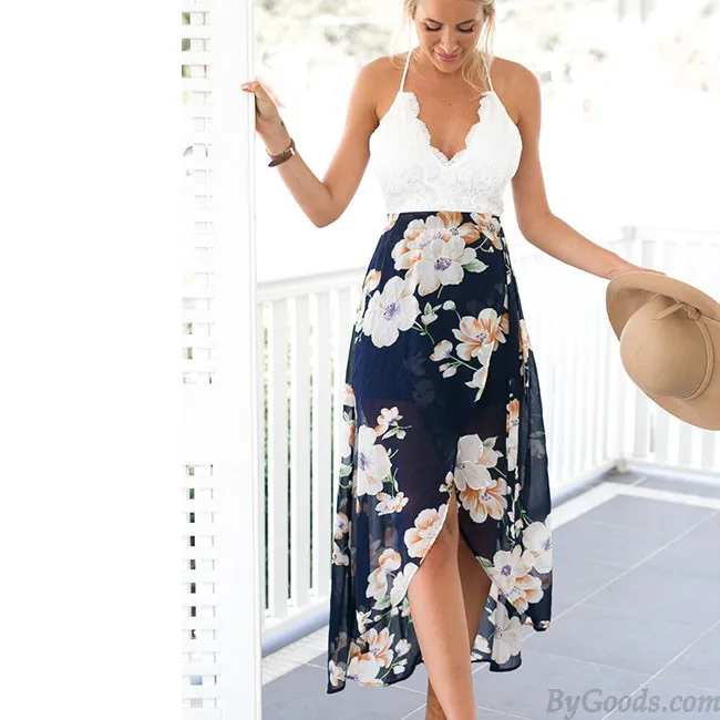  SLIP LACE SPLICING BACKLESS PRINTING CHIFFON DRESS WOMEN'S VNECK FLORAL SKIRT