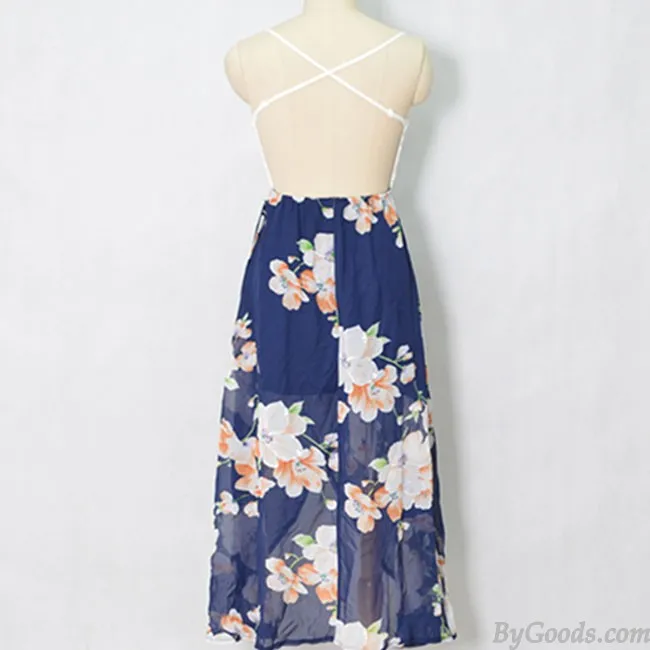  SLIP LACE SPLICING BACKLESS PRINTING CHIFFON DRESS WOMEN'S VNECK FLORAL SKIRT