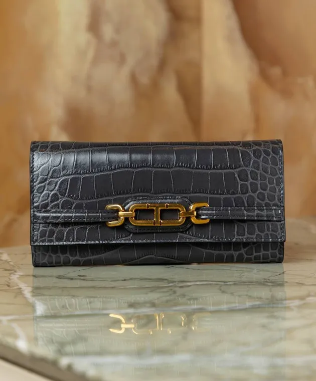 Tom Ford Black leather wallet WHITNEY CONTINENTAL with embossed crocodile skin