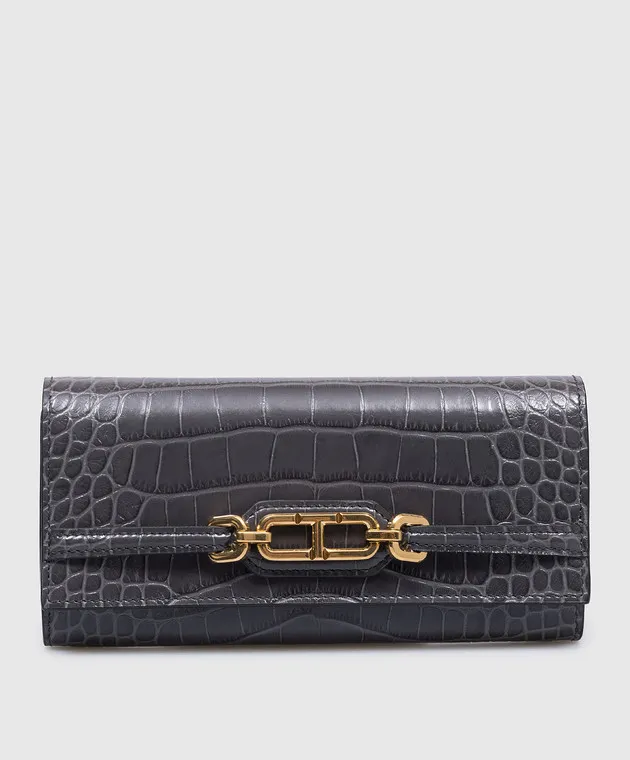 Tom Ford Gray leather wallet WHITNEY CONTINENTAL with embossed crocodile skin
