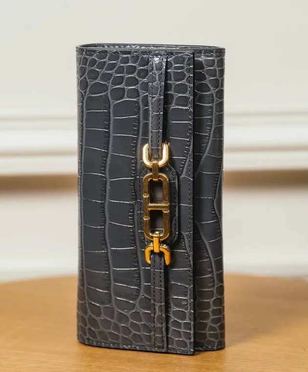 Tom Ford Gray leather wallet WHITNEY CONTINENTAL with embossed crocodile skin