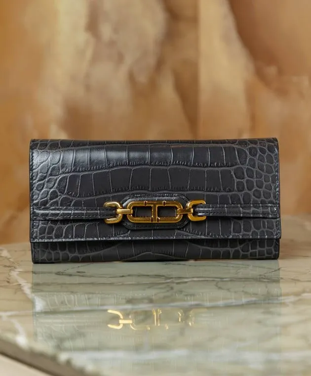 Tom Ford Gray leather wallet WHITNEY CONTINENTAL with embossed crocodile skin