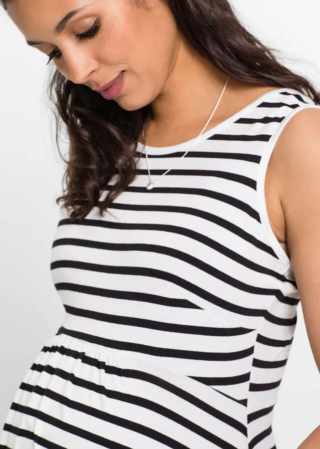 VESTIDO PREMAMá DE PUNTO CON DISEñO DE RAYAS NEGROBLANCO DE RAYAS