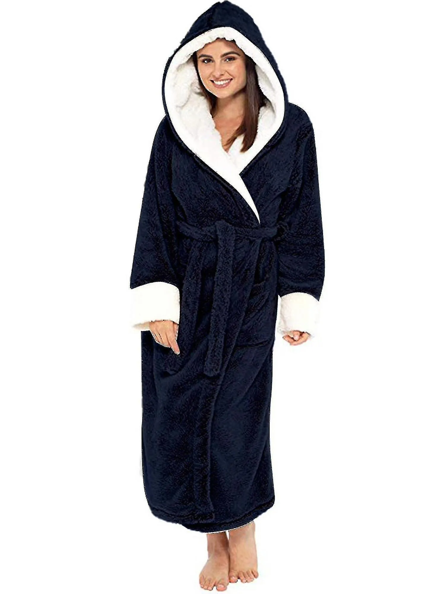 Women Sherpa Fleece Bathrobe Soft Dressing Gown Hooded Fluffy Towling Bath Robe