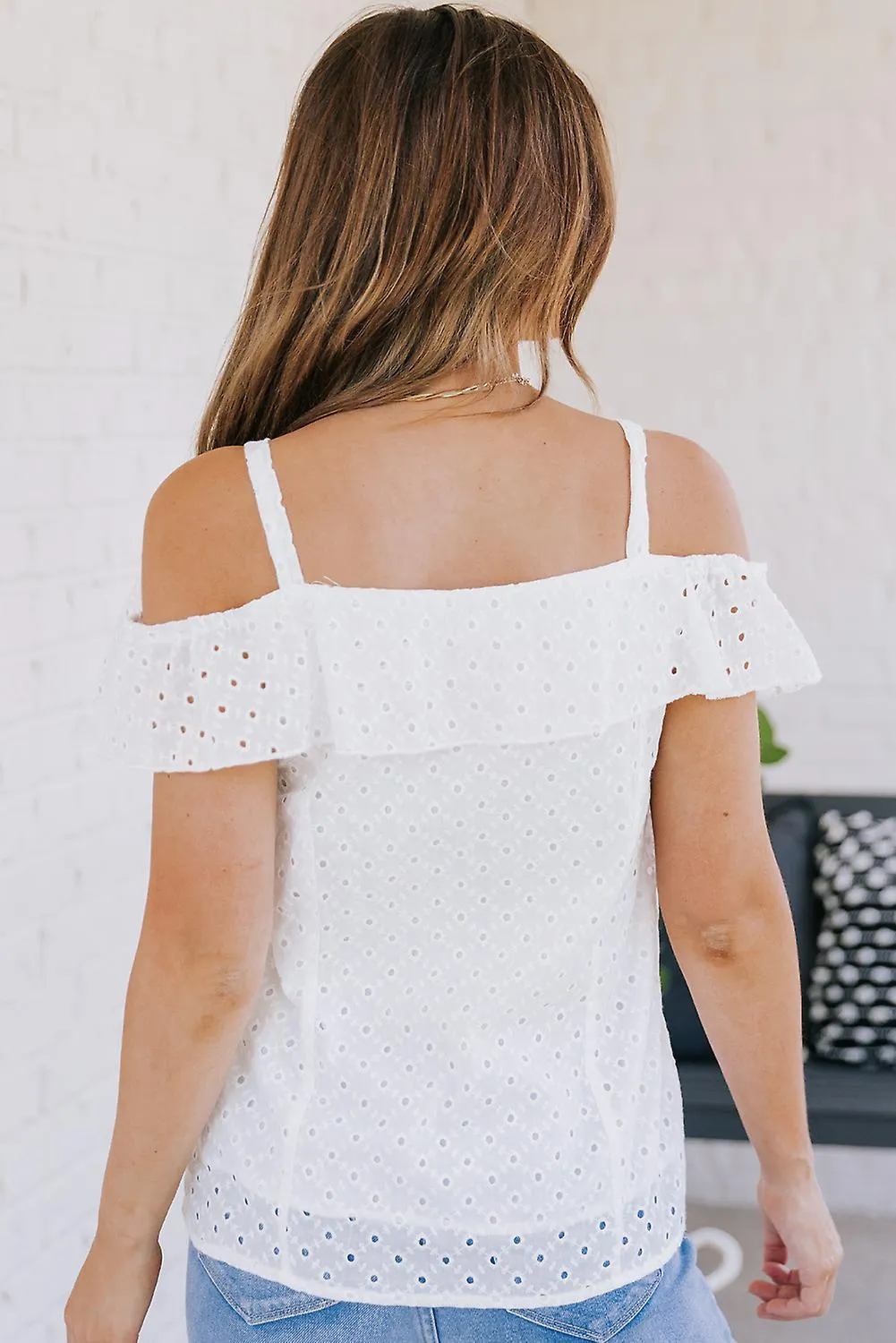 WOMEN'S WHITE HOLLOWOUT FLOUNCE COLD SHOULDER V NECK BLOUSE