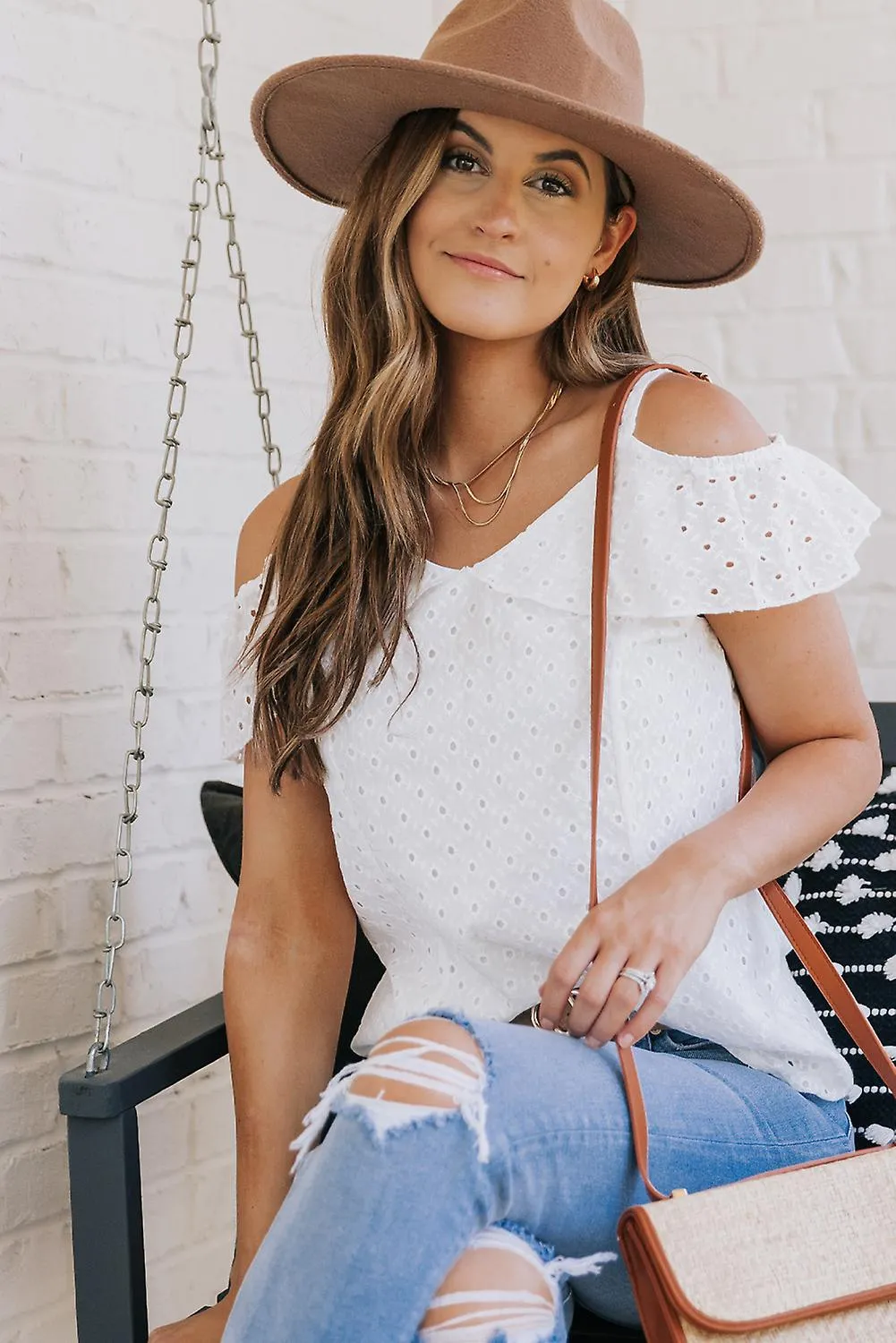 WOMEN'S WHITE HOLLOWOUT FLOUNCE COLD SHOULDER V NECK BLOUSE